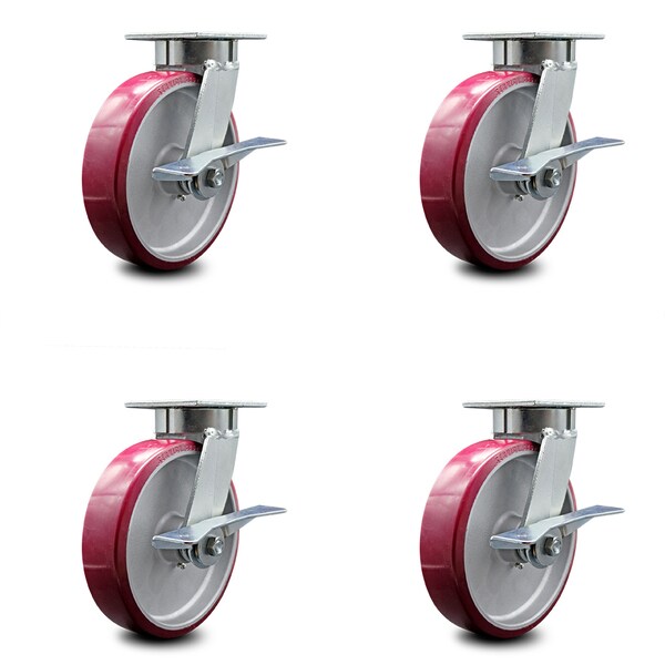 8 Inch Kingpinless Poly on Aluminum Wheel Swivel Caster Set with Brakes SCC